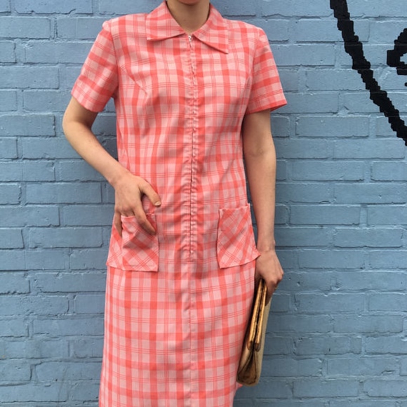 Vintage 1960's Peach Plaid Midi Dress - Picture 2 of 5